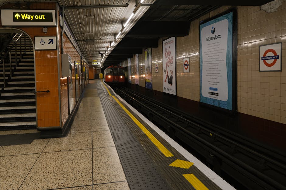 A photograph of an underground London underground station platform near Finsbury Park, showing a partially visible red train approaching from the distance. The platform is tiled with beige and brown tiles, and features safety markings including a yellow line along the edge and textured tactile paving for visually impaired passengers. Along the wall, there are several posters and advertisements, including a prominent blue poster for Moneybox. Accessible signage, including a blue wheelchair symbol and an arrow pointing towards the stairs, is visible on the tiled wall near the platform entrance, which has a staircase with black metal steps and a handrail. The ceiling consists of metal panels with integrated lighting fixtures, providing illumination for the platform area. This setting is relevant for home relocation activities in central London, where furniture transport and packing are coordinated with access and safety considerations for moving day.